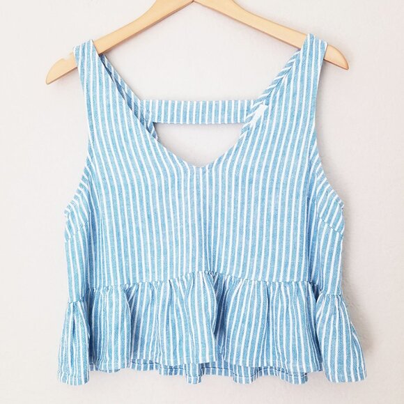 Abound Linen Blend Crop Top S Blue White Striped Peplum Crop Ruffle Sleeveless - Picture 1 of 14